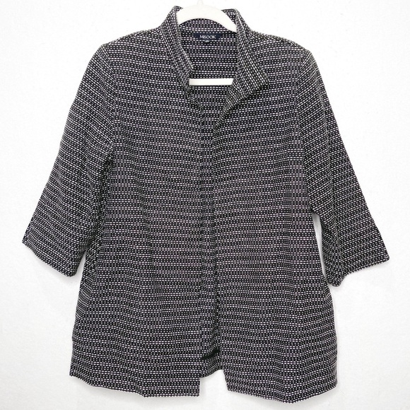Misook 100% Cotton Black White Print Open Front 3/4 Sleeve Cardigan Size Medium - Picture 1 of 6